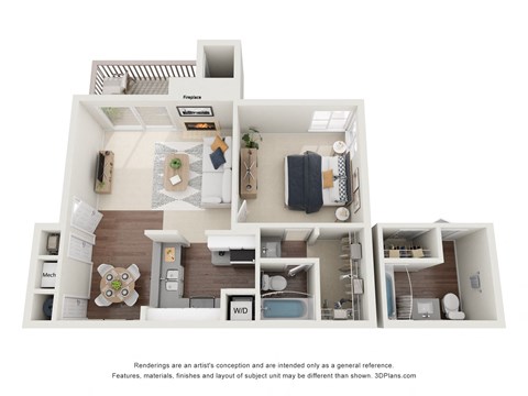 Floor plan for 1 bed, 1 bath, 665 sqft